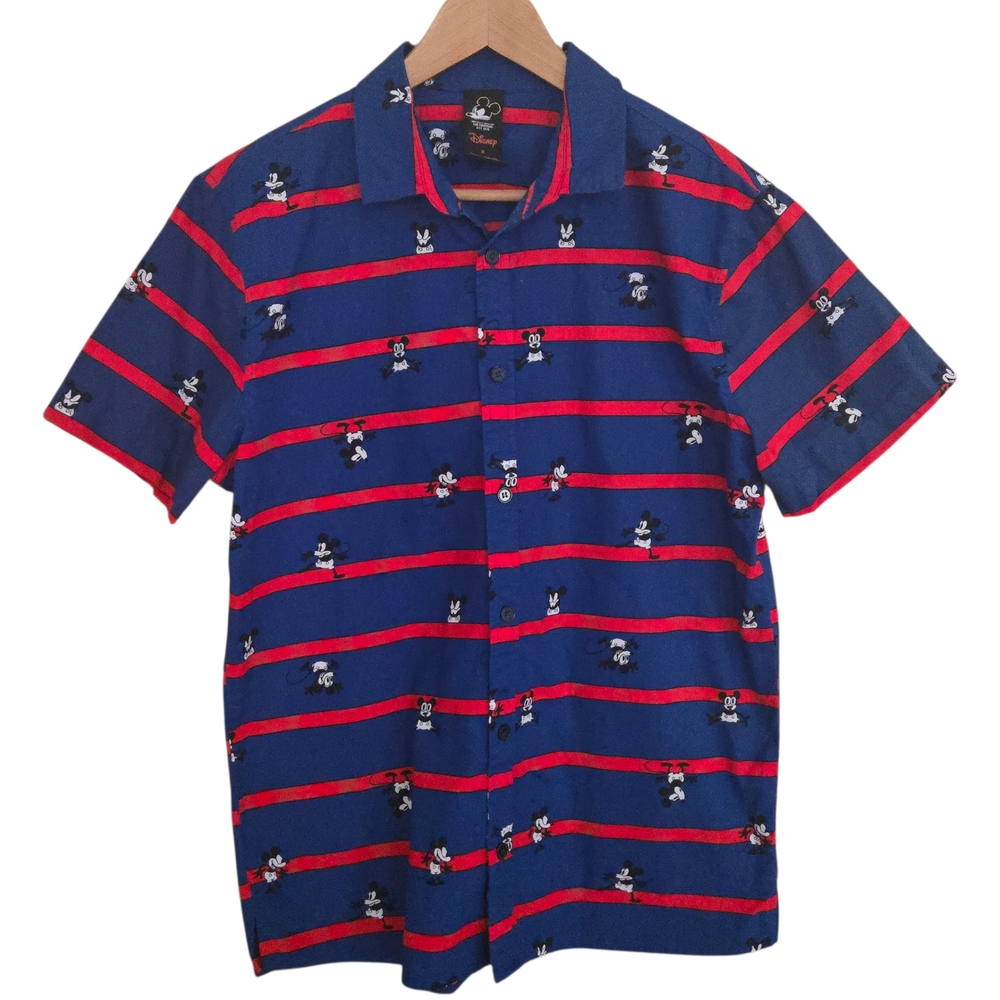 Disney x Forever 21 Button Shirt Mens Size M Blue Red Striped Retro Mickey Mouse